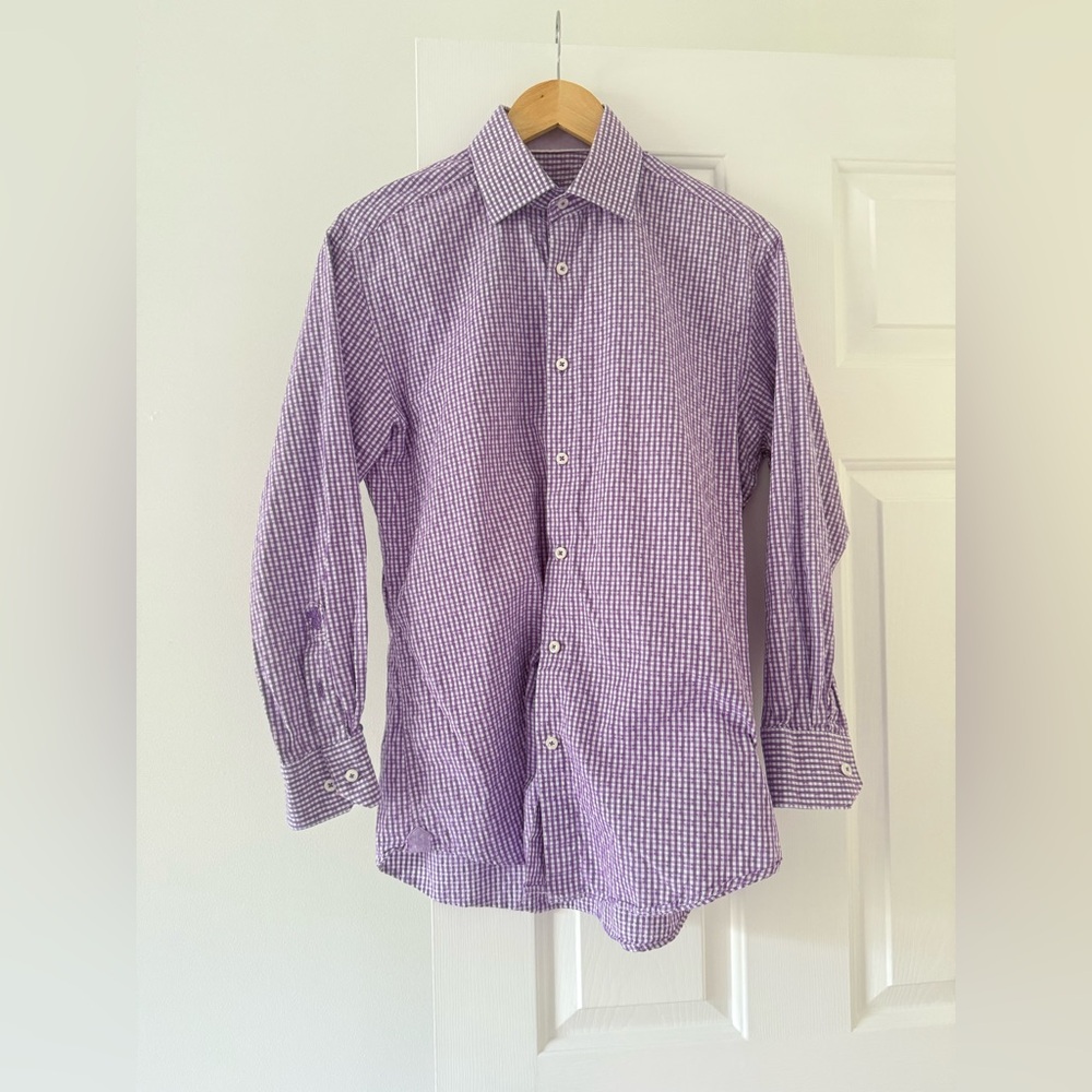 Bugatchi uomo mens white an a purple cotton seersucker dress shirt  15 32/33